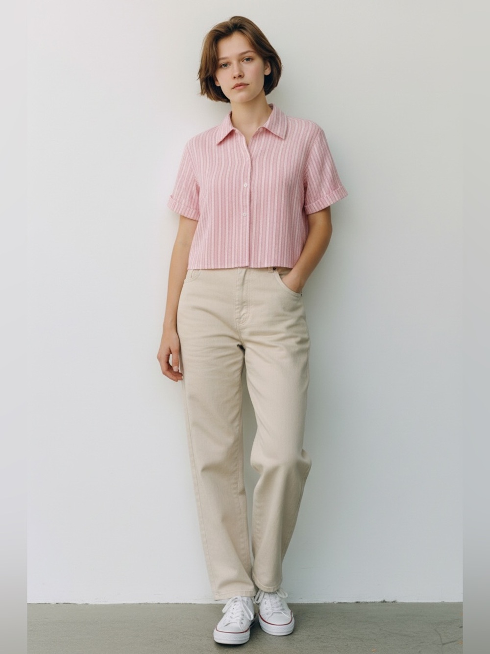 Haband Women Coral Pink and White Striped Short Sleeve Button-Up Shirt Blouse